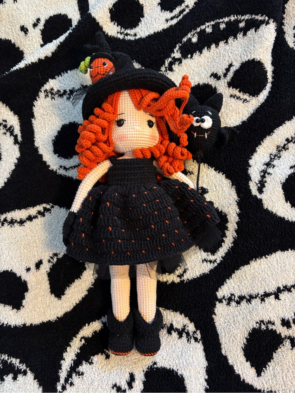 Handmade Crochet Halloween Witch Doll - Black & Orange
